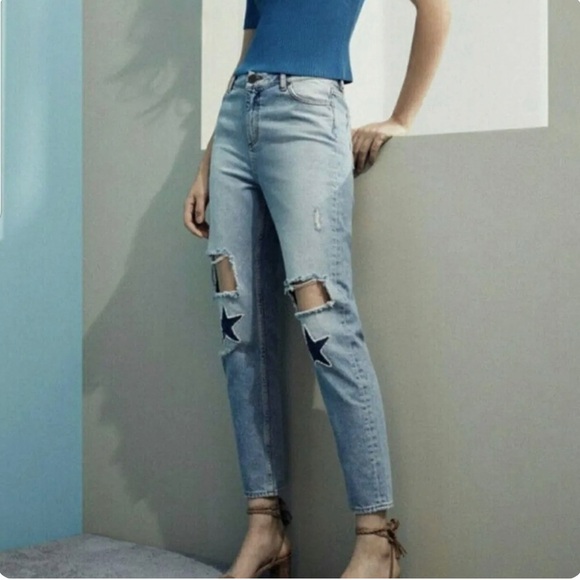 Sandro Paris | High Rise Pearl Star Light Wash Distressed Jeans Sz EU 34 US 4/27 - Picture 1 of 11